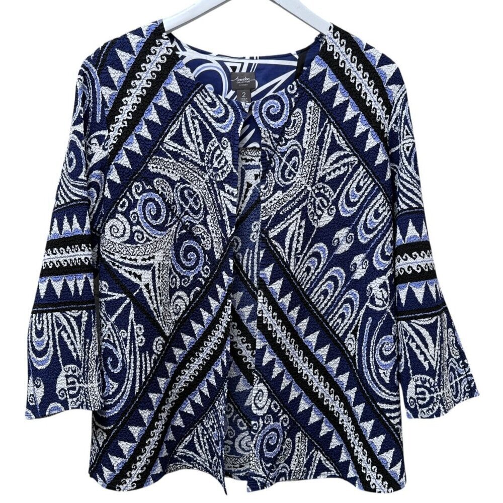 CHICO'S Travelers Collection Jacket Large (Chicos 2) Blue Boho Paisley Print